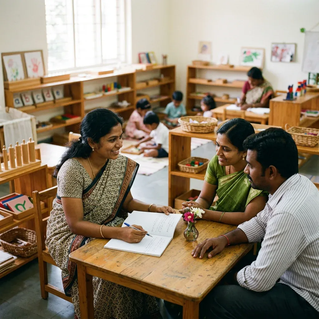 Montessori guide discussing observation details with Indian parents in classroom