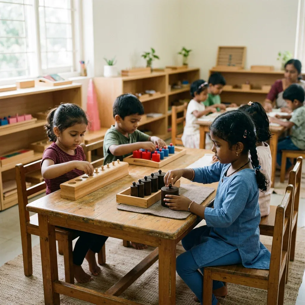 Children working independently at wooden tables inside a prepared Montessori classroom
