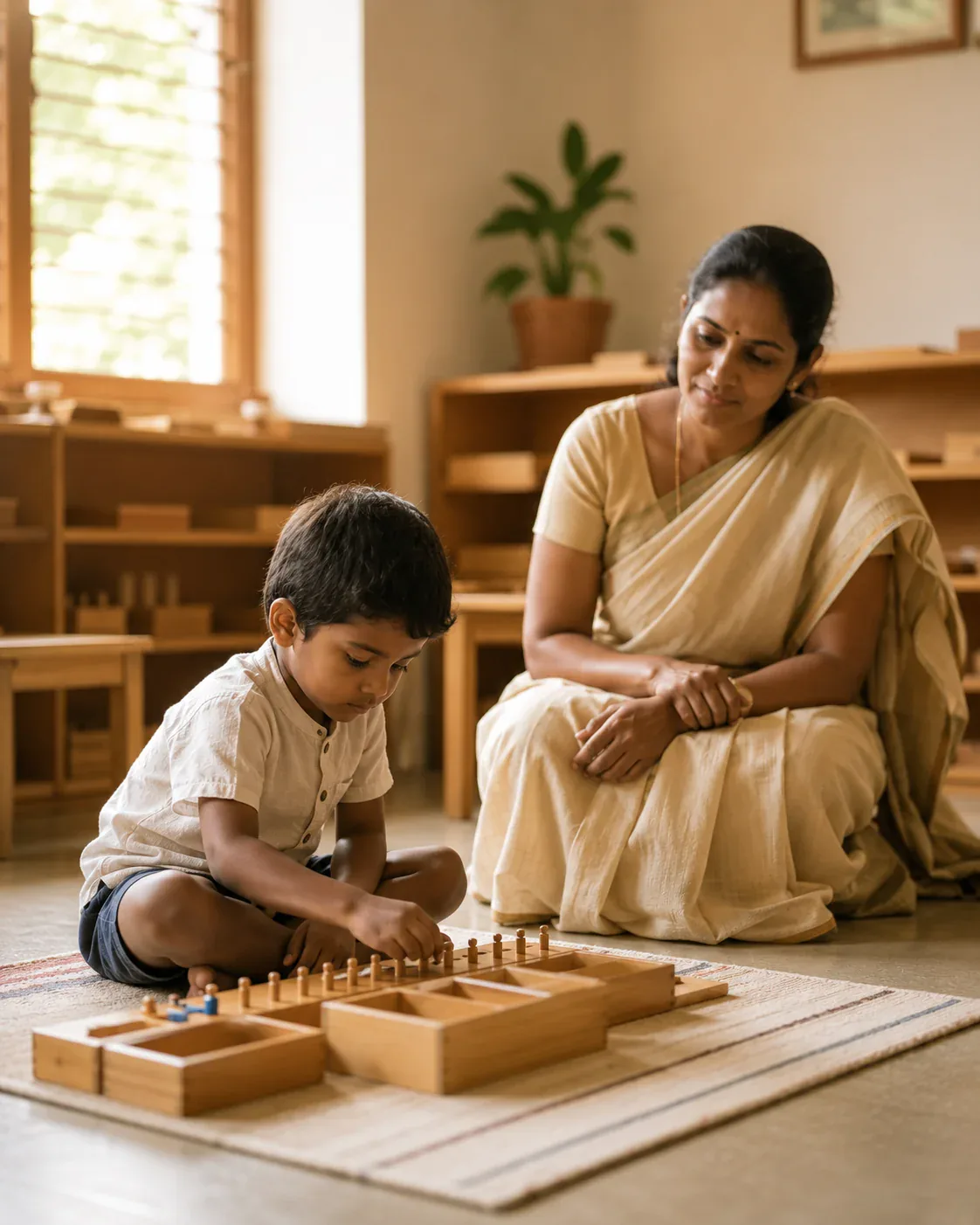 A Montessori guide quietly observing a young boy work through a hands-on wooden activity at his own unhurried pace