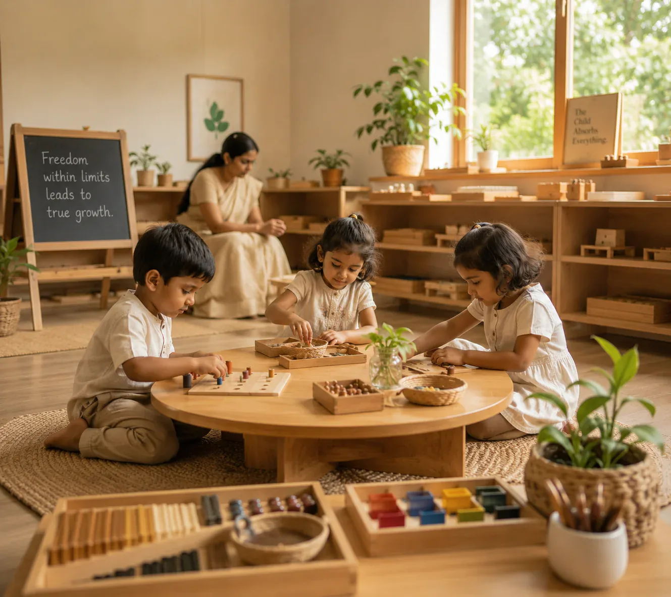 A young girl working with a wooden number-and-cylinder counting material beside a seated guide
