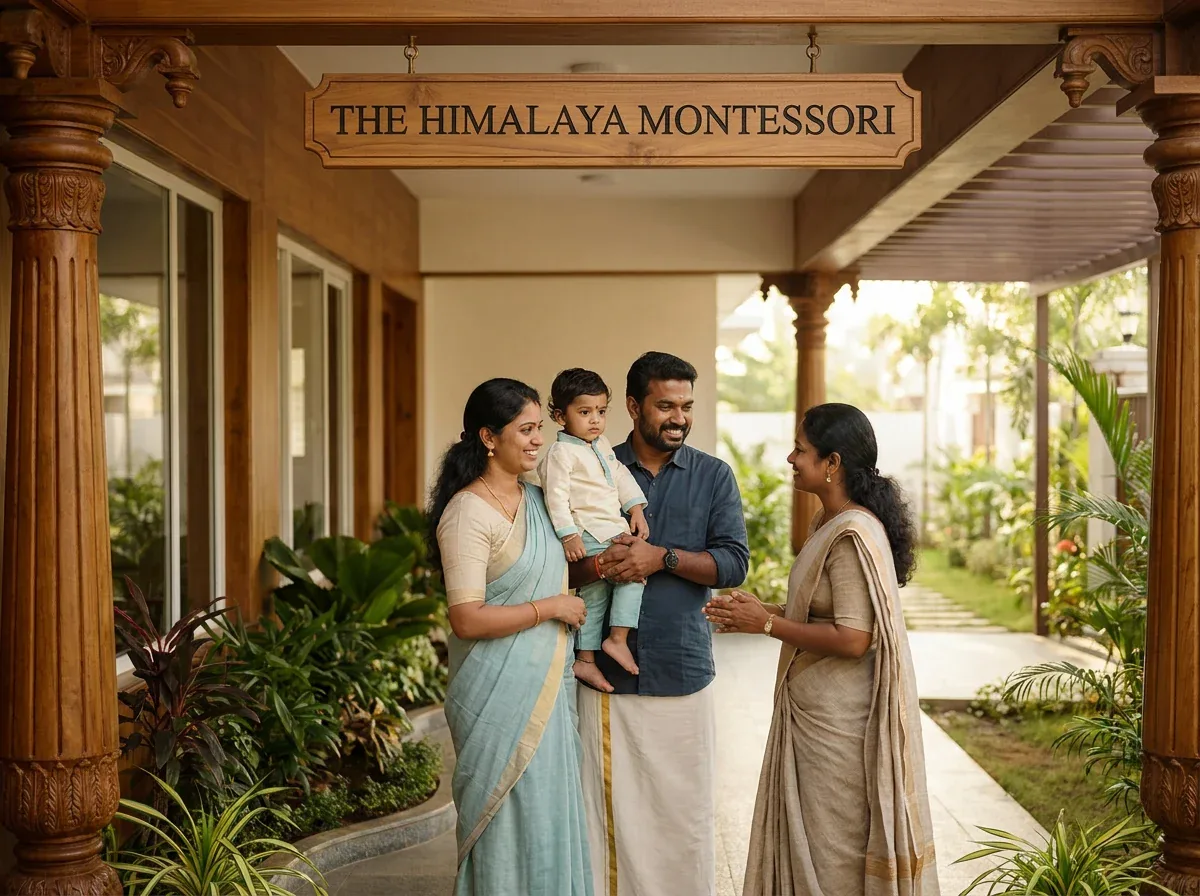 A family with their toddler being warmly welcomed at The Himalaya Montessori entrance