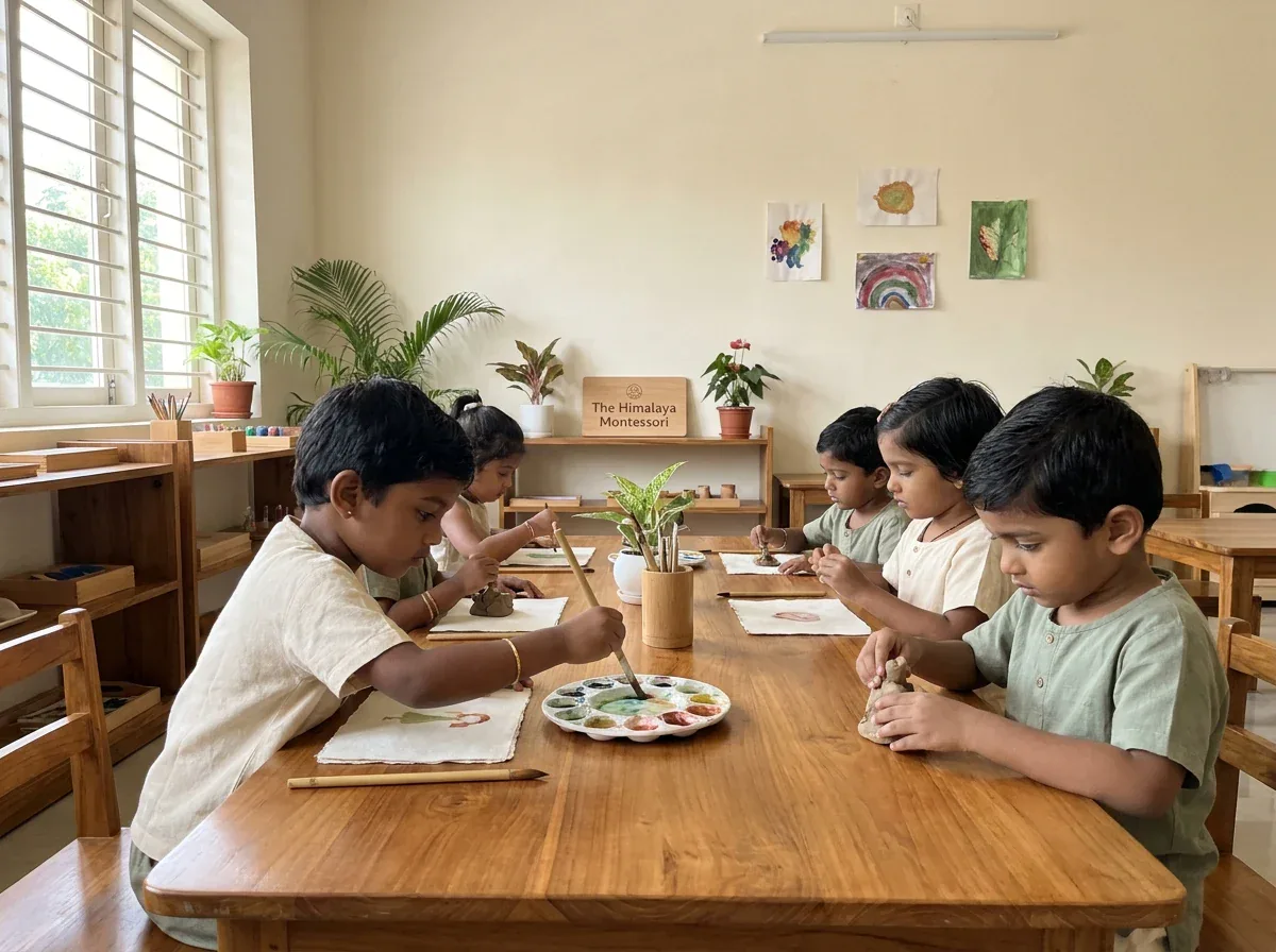 Children painting and sculpting with clay at a shared classroom table