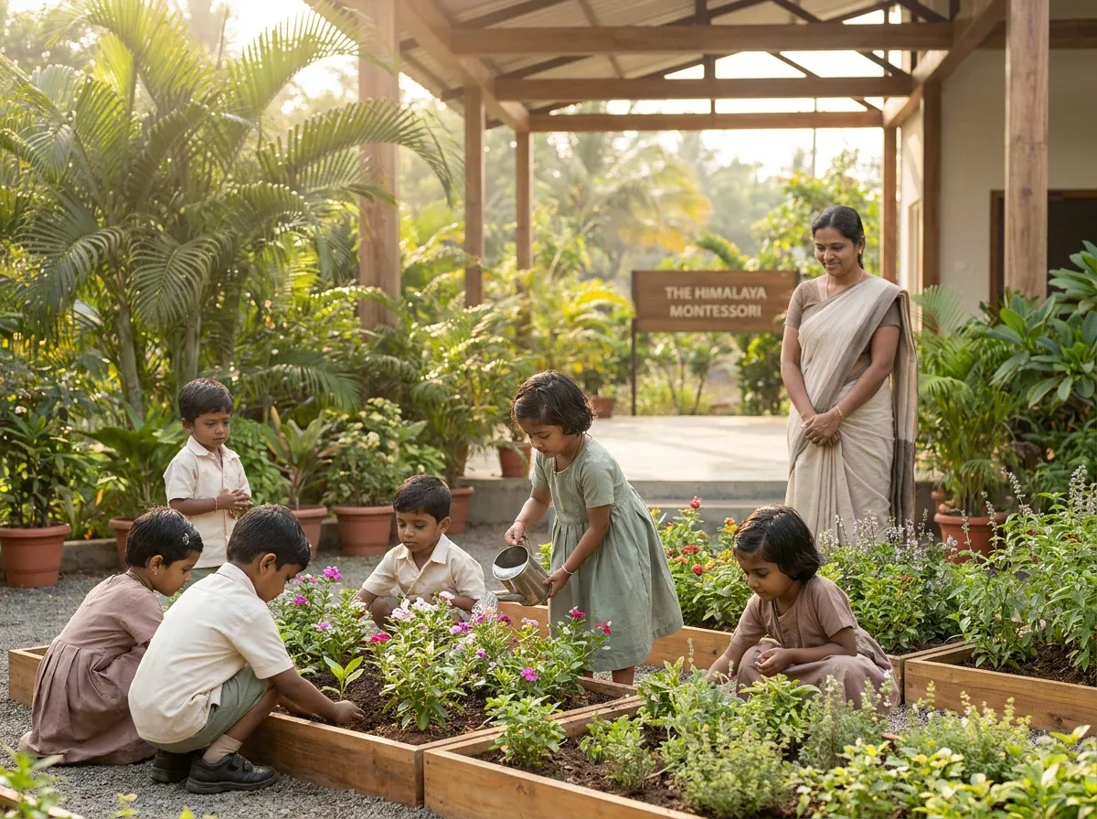 Children gardening together in raised outdoor beds beside the campus entrance