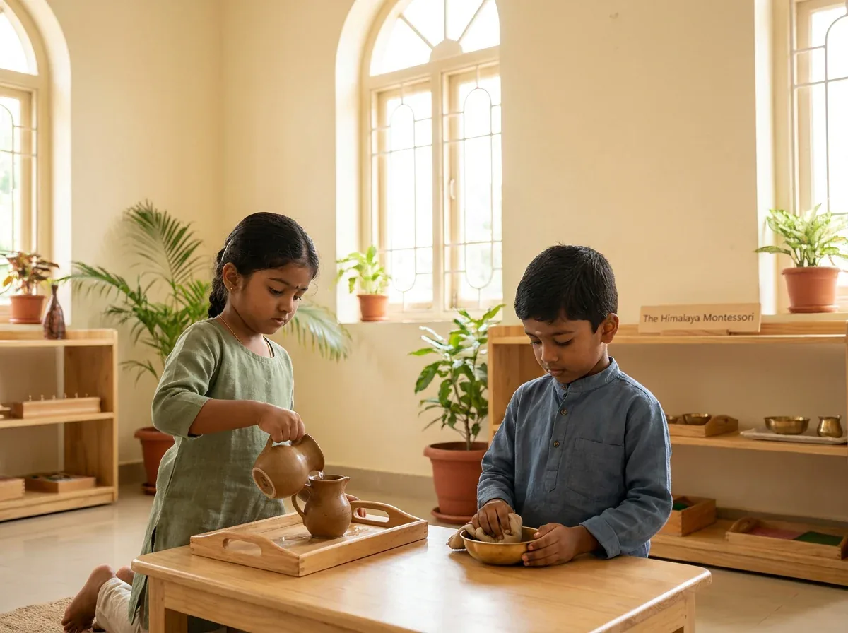 Two children practicing practical life skills, pouring water and polishing a bowl