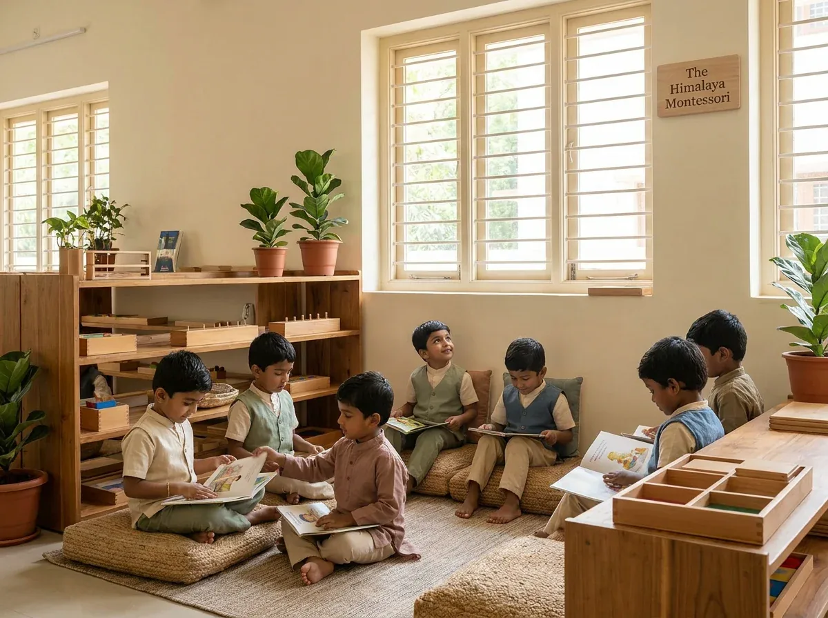 A group of children reading together on floor cushions in a naturally lit reading corner