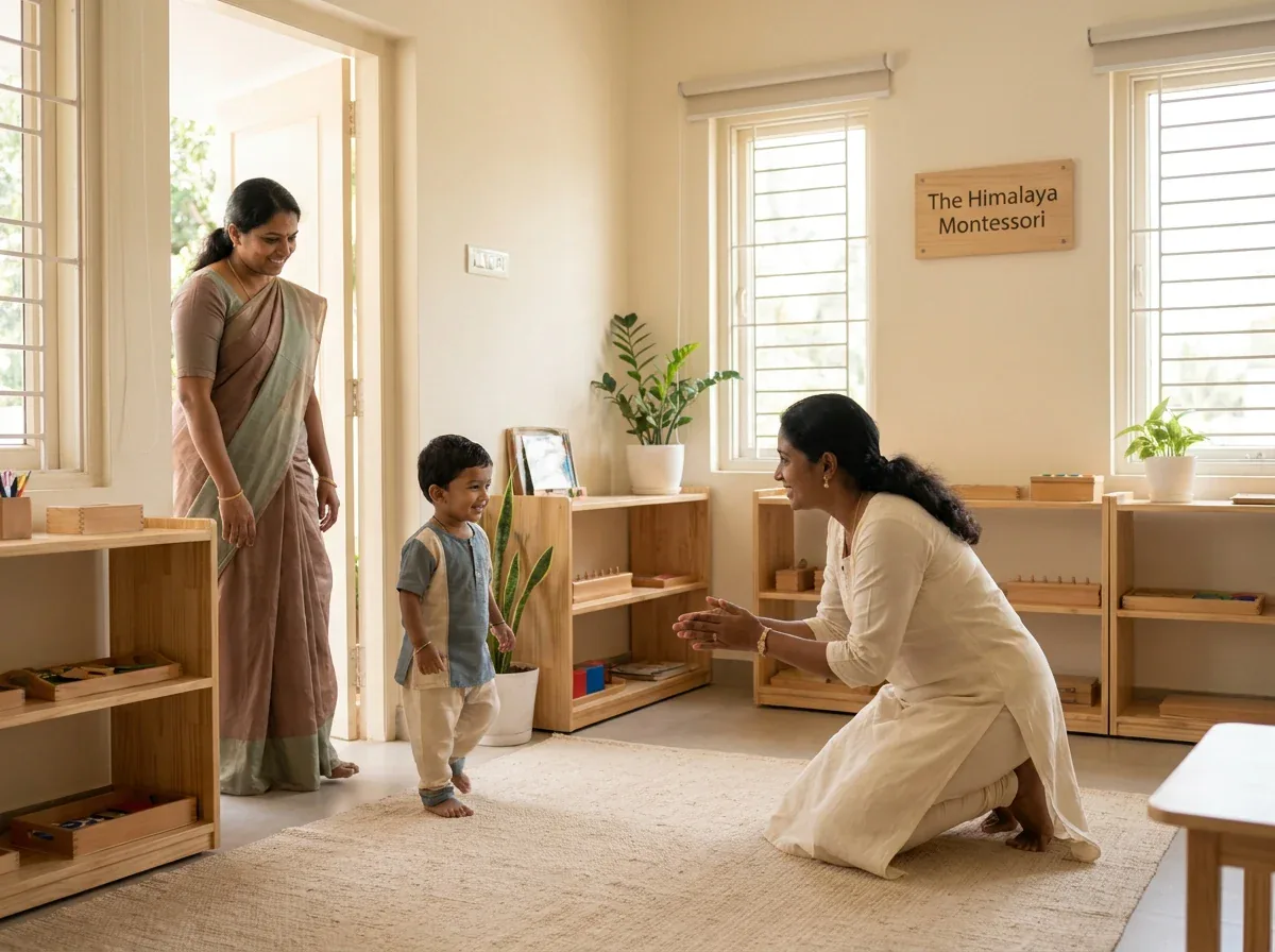 A caring guide welcoming a young child to the prepared Day Care space