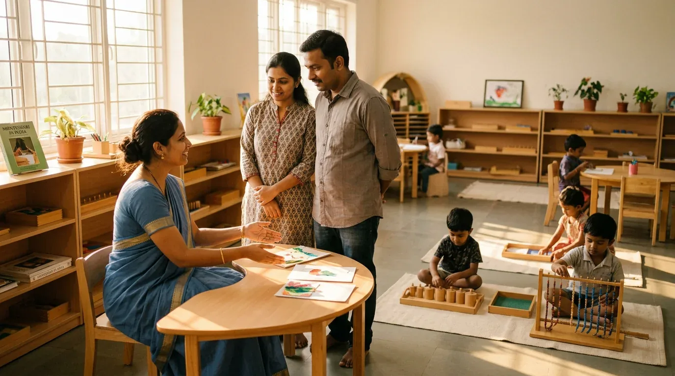 Montessori guide welcoming visiting families in soft golden afternoon light