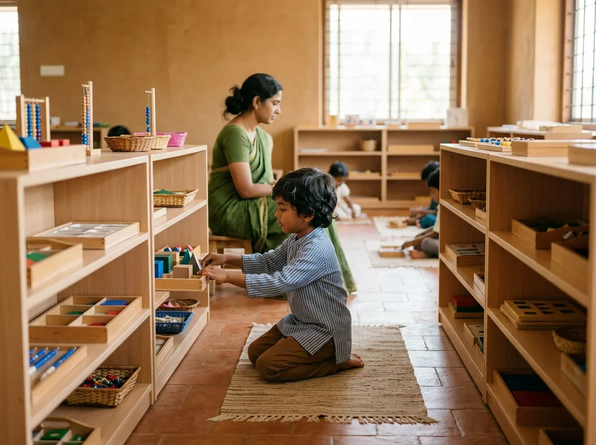 Child choosing materials from organized low wooden shelves in a tidy Montessori classroom