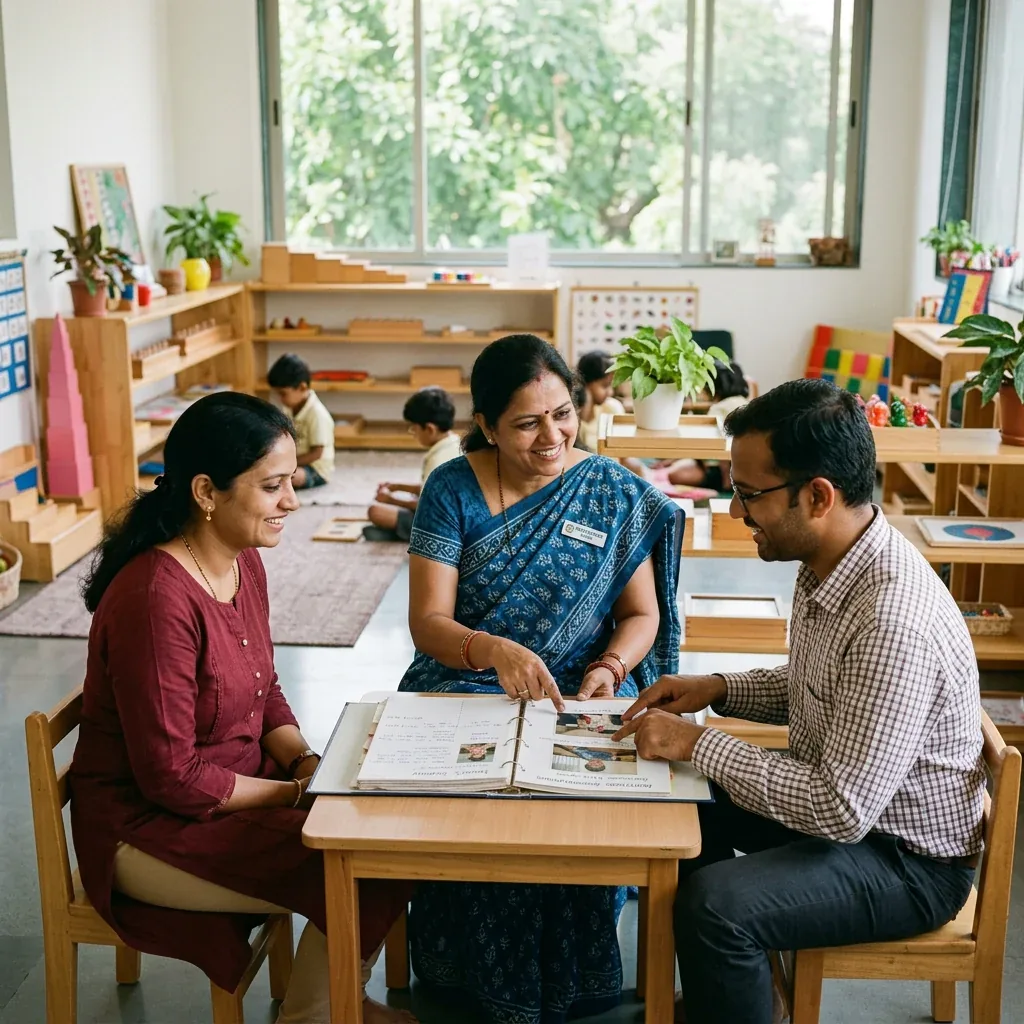 An Indian Montessori teacher explaining progress records to a smiling Indian mother and father at a classroom table