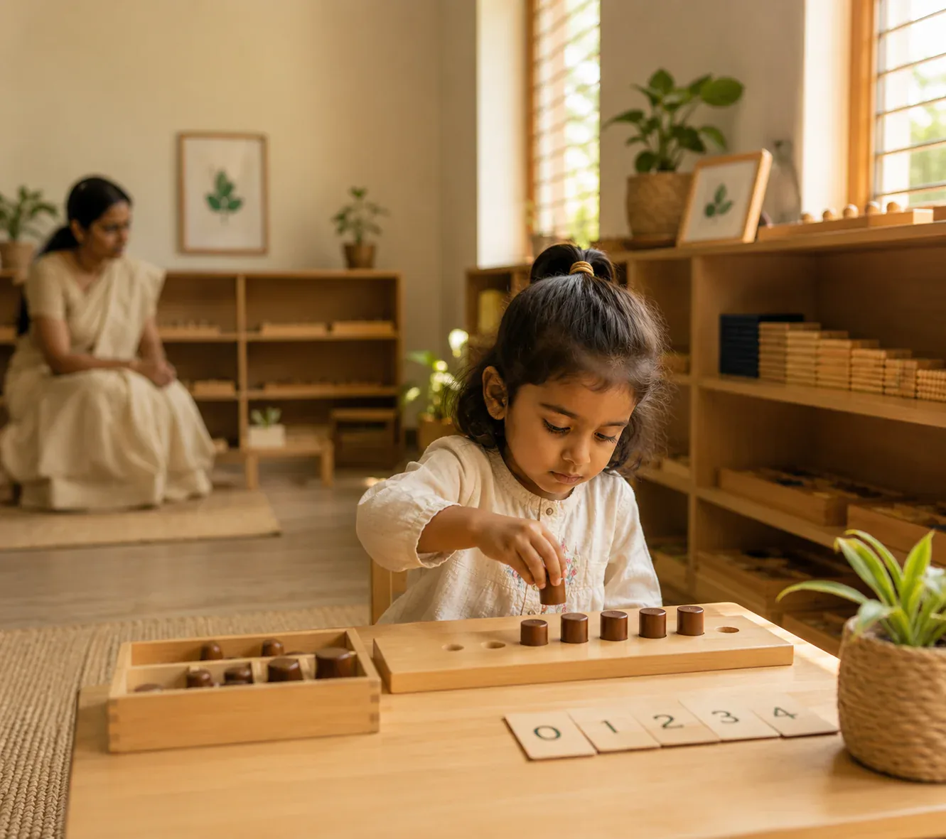 A child independently exploring wooden Montessori materials at a low table