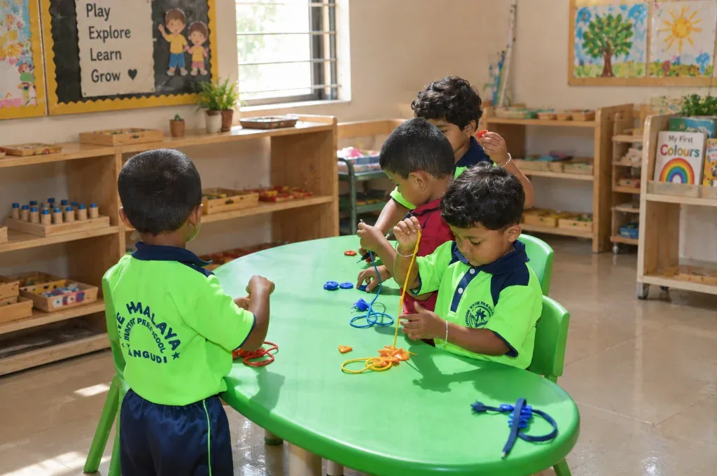 Children engaged in Montessori learning activities in a prepared classroom at The Himalaya Montessori Pre-School in Madurai